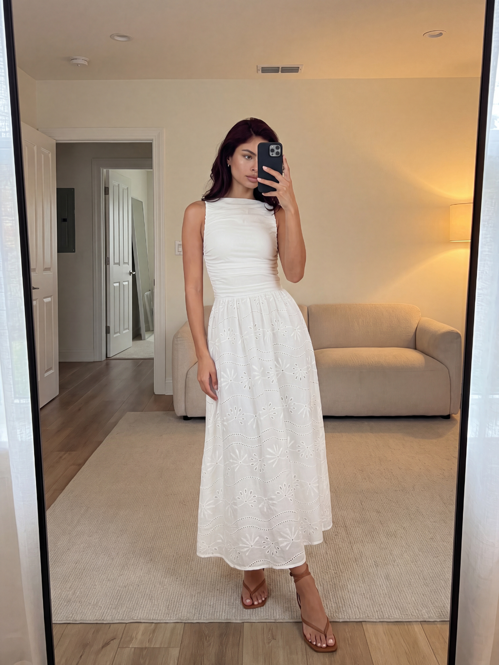 NOOR Women's Sleeveless Eyelet Maxi Dress with Ruched Bodice