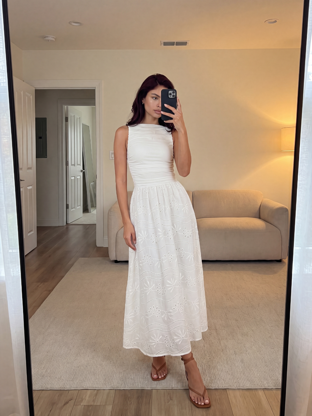 NOOR Women's Sleeveless Eyelet Maxi Dress with Ruched Bodice