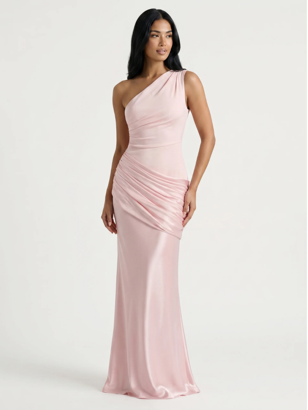 ELLOWEN Women's One-Shoulder Draped Satin Column Maxi Dress