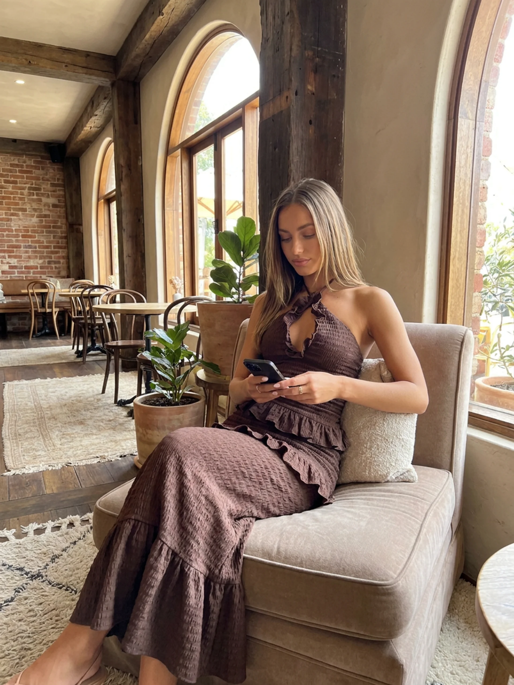 MARISELA Women's Halter Keyhole Smocked Frill-Trim Maxi Dress