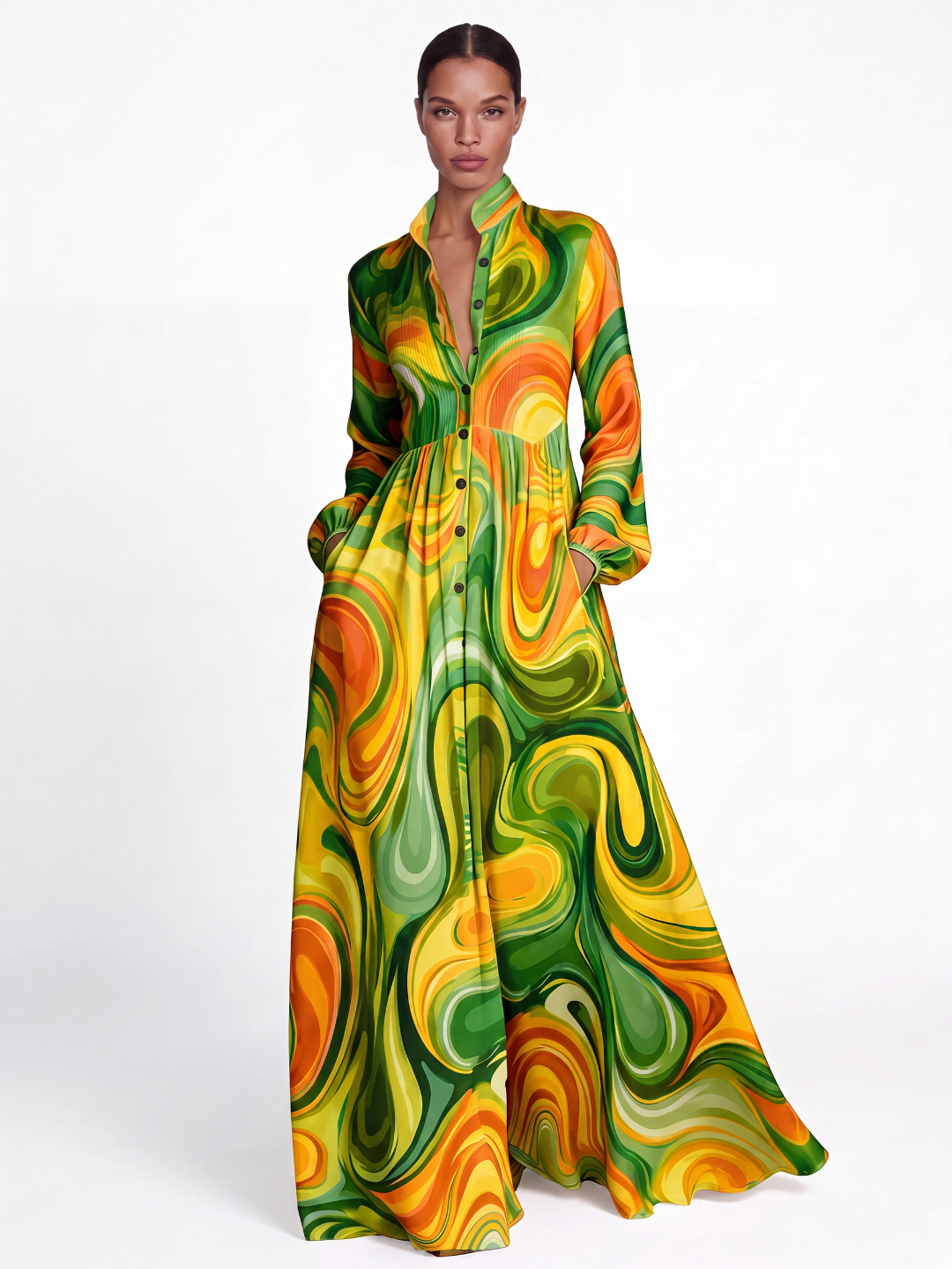 SOLETTE Women's Floral Print Plunge Pleated Shirt Maxi Dress