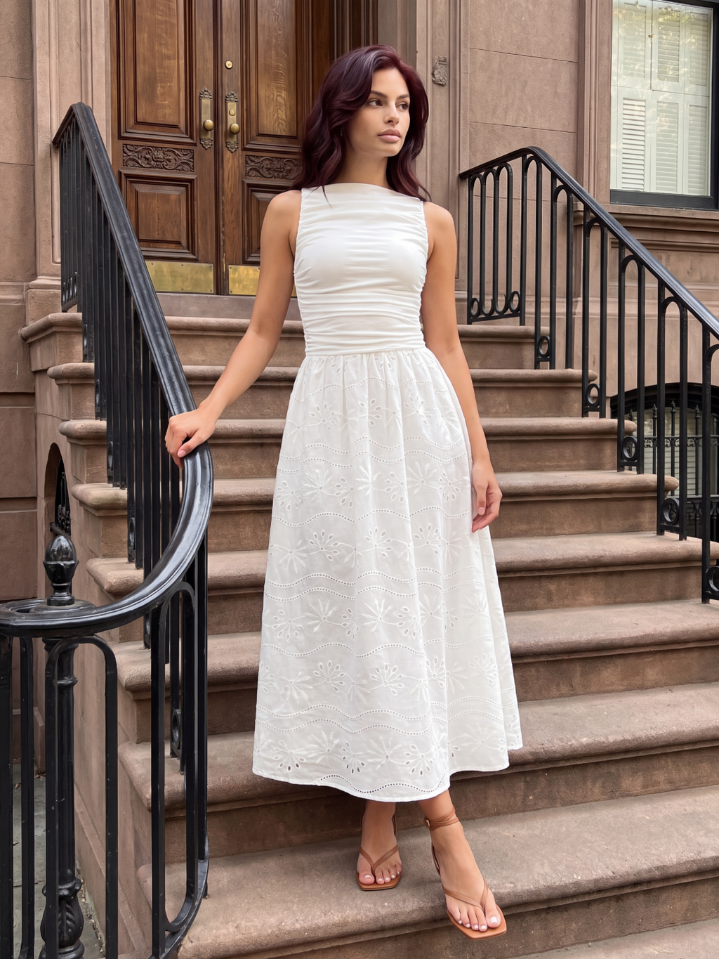 NOOR Women's Sleeveless Eyelet Maxi Dress with Ruched Bodice