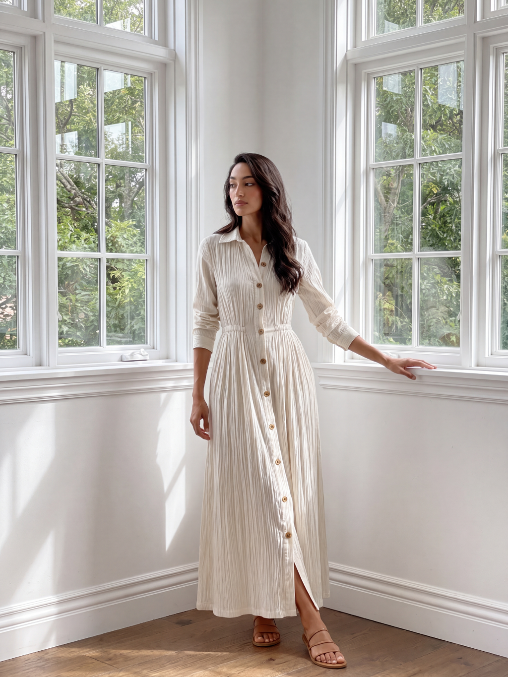 ROSALIQUE Women's Long Sleeve Textured Button-Front Maxi Shirt Dress