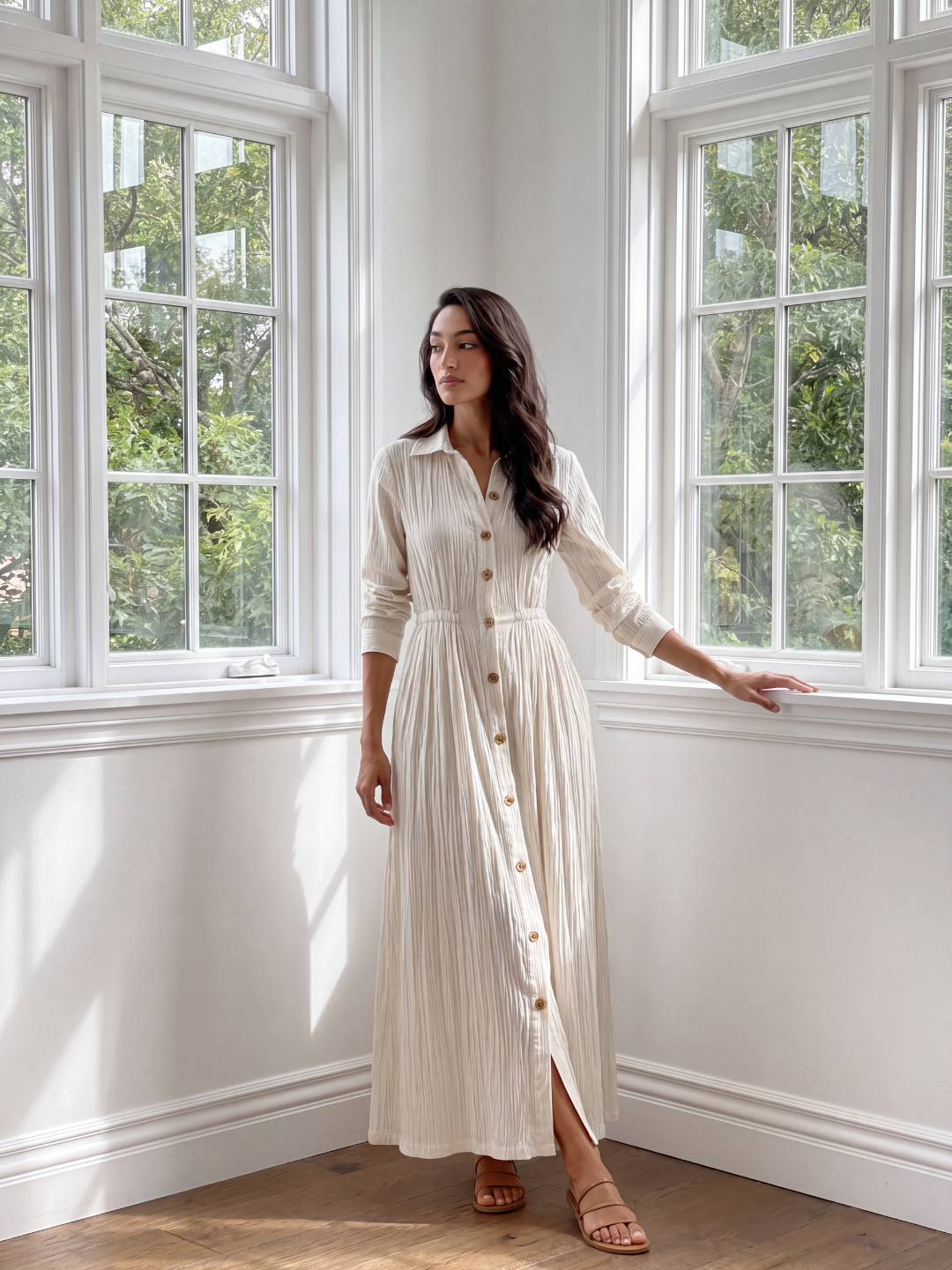 ROSALIQUE Women's Long Sleeve Textured Button-Front Maxi Shirt Dress