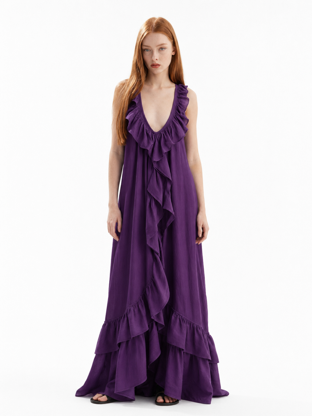 ZANIAH Women's Sleeveless Ruffle V-Neck Boho Maxi Dress