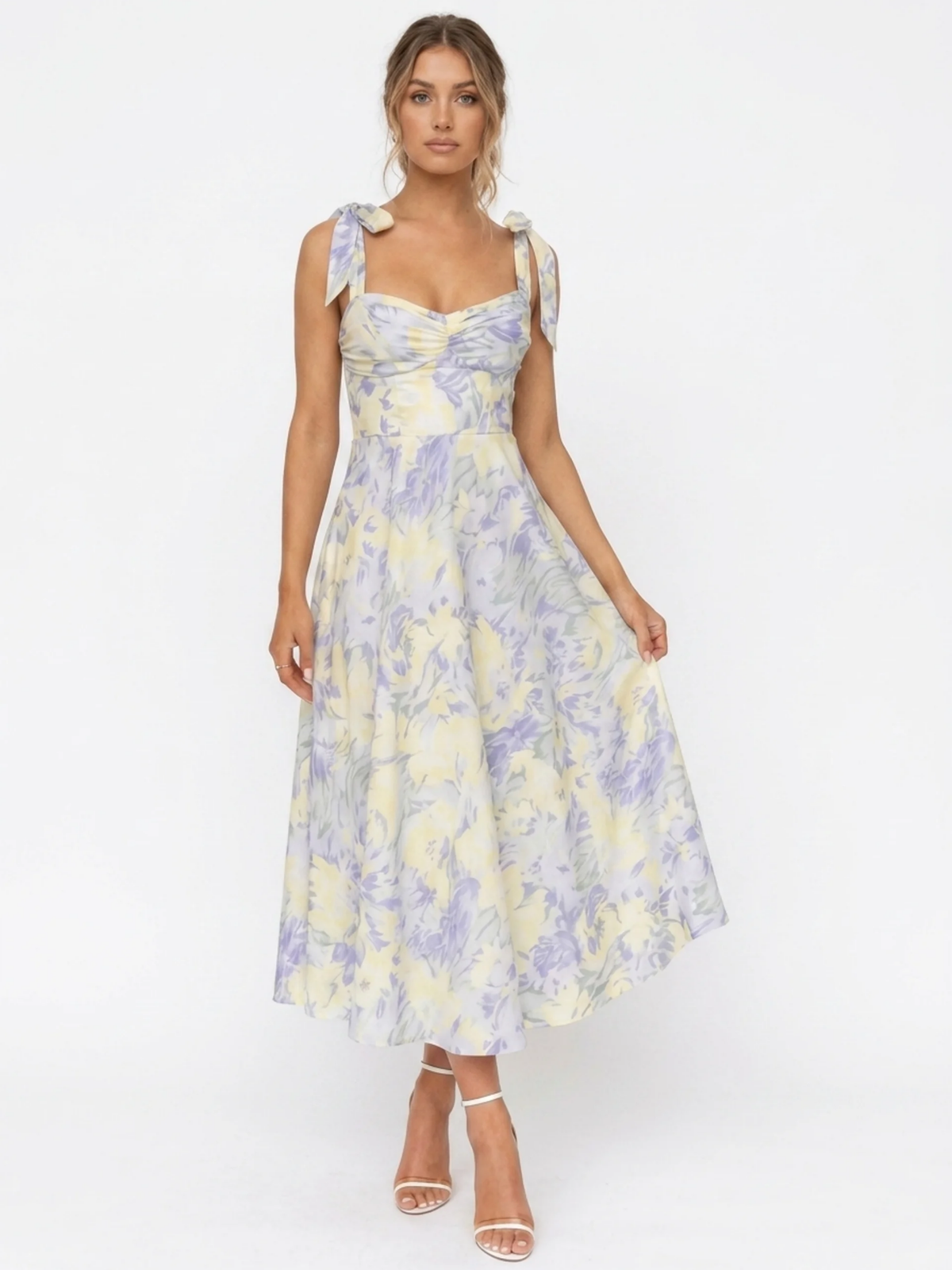 MARISETTE Women's Floral Tie-Strap Ruched Bodice Midi Dress