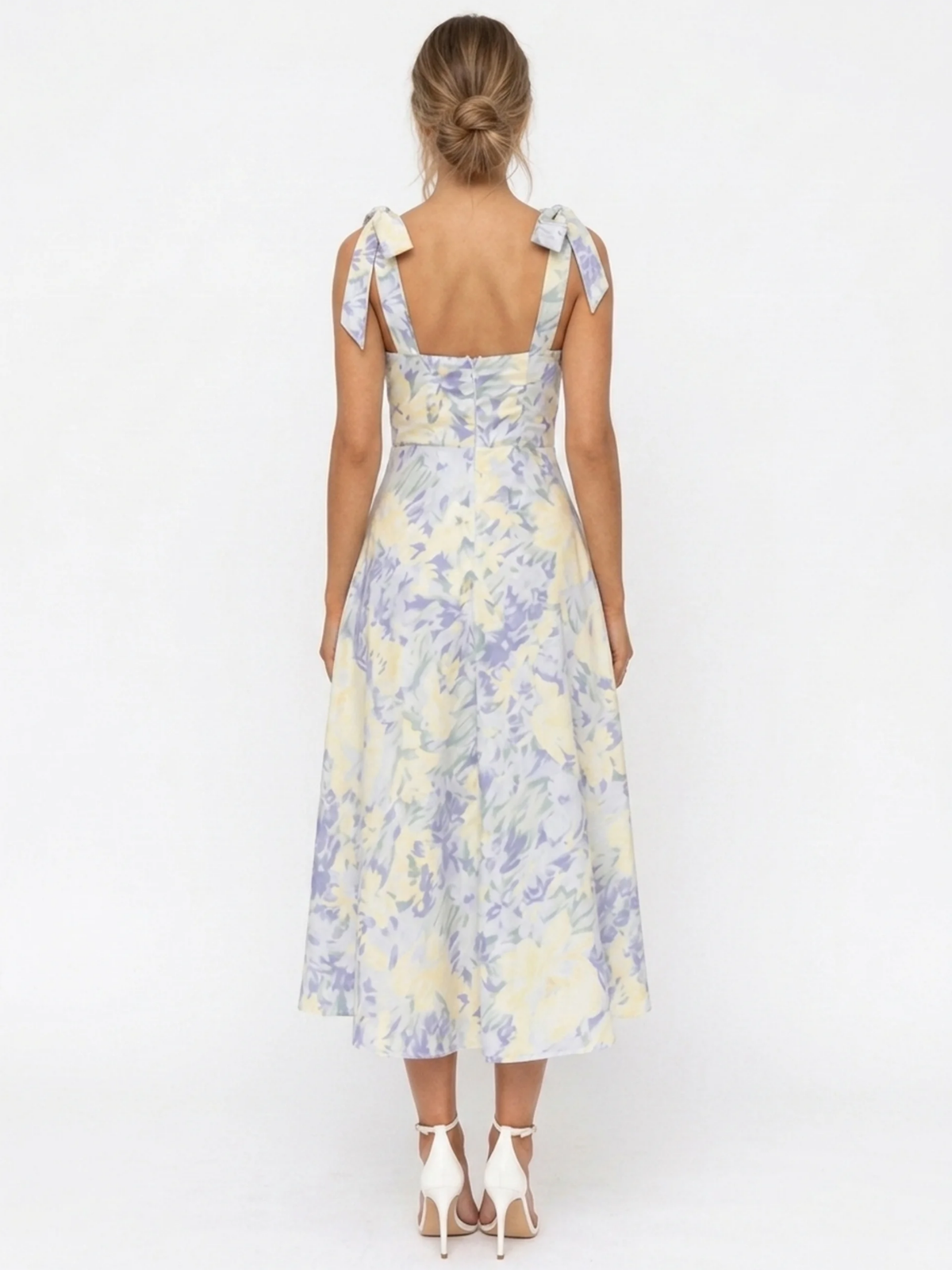 MARISETTE Women's Floral Tie-Strap Ruched Bodice Midi Dress