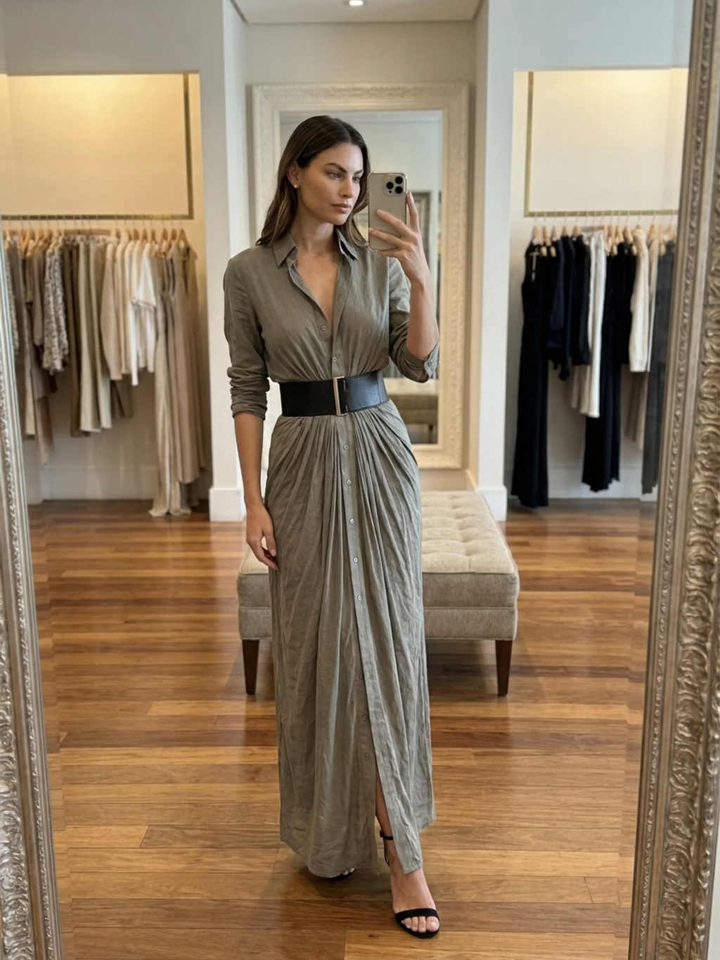 WYNNIFRED Women's Pleated Belted Button-Front Maxi Shirt Dress