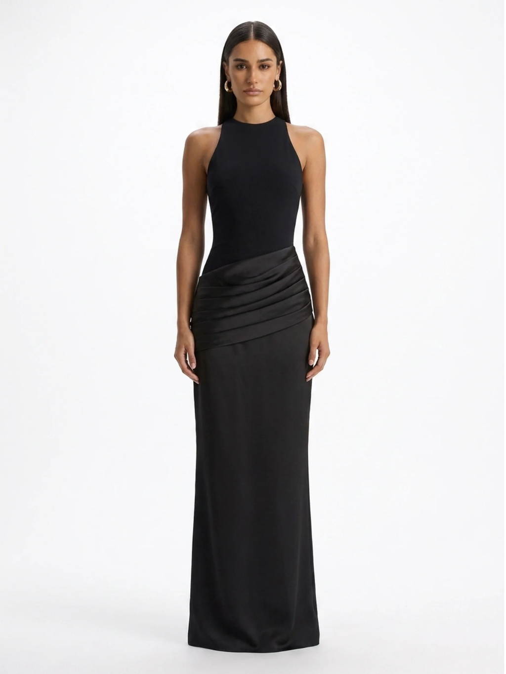 ROSLYNNE Women's Crew-Neck Maxi Dress with Satin Skirt
