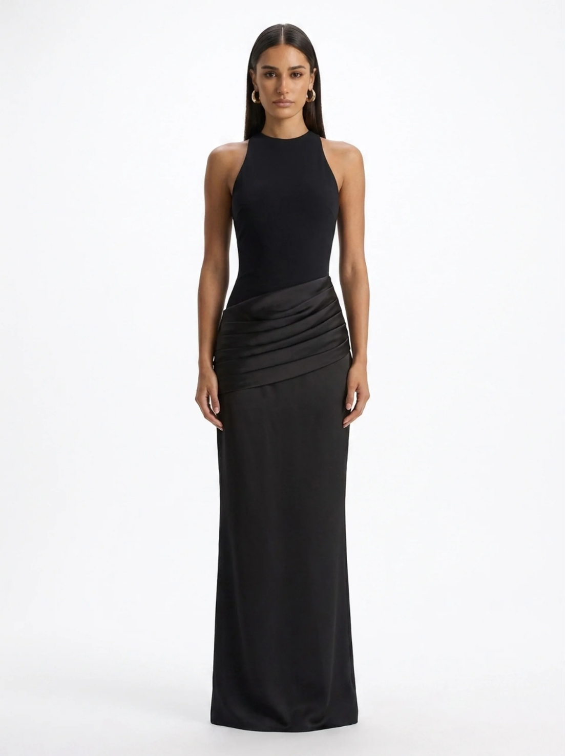 ROSLYNNE Women's Crew-Neck Maxi Dress with Satin Skirt
