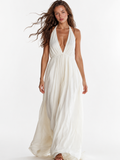 JAEL Women's Deep V-Neck Halter Backless Flowy Maxi Dress