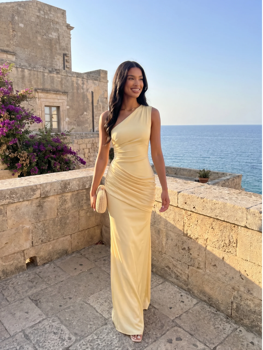 ELLOWEN Women's One-Shoulder Draped Satin Column Maxi Dress
