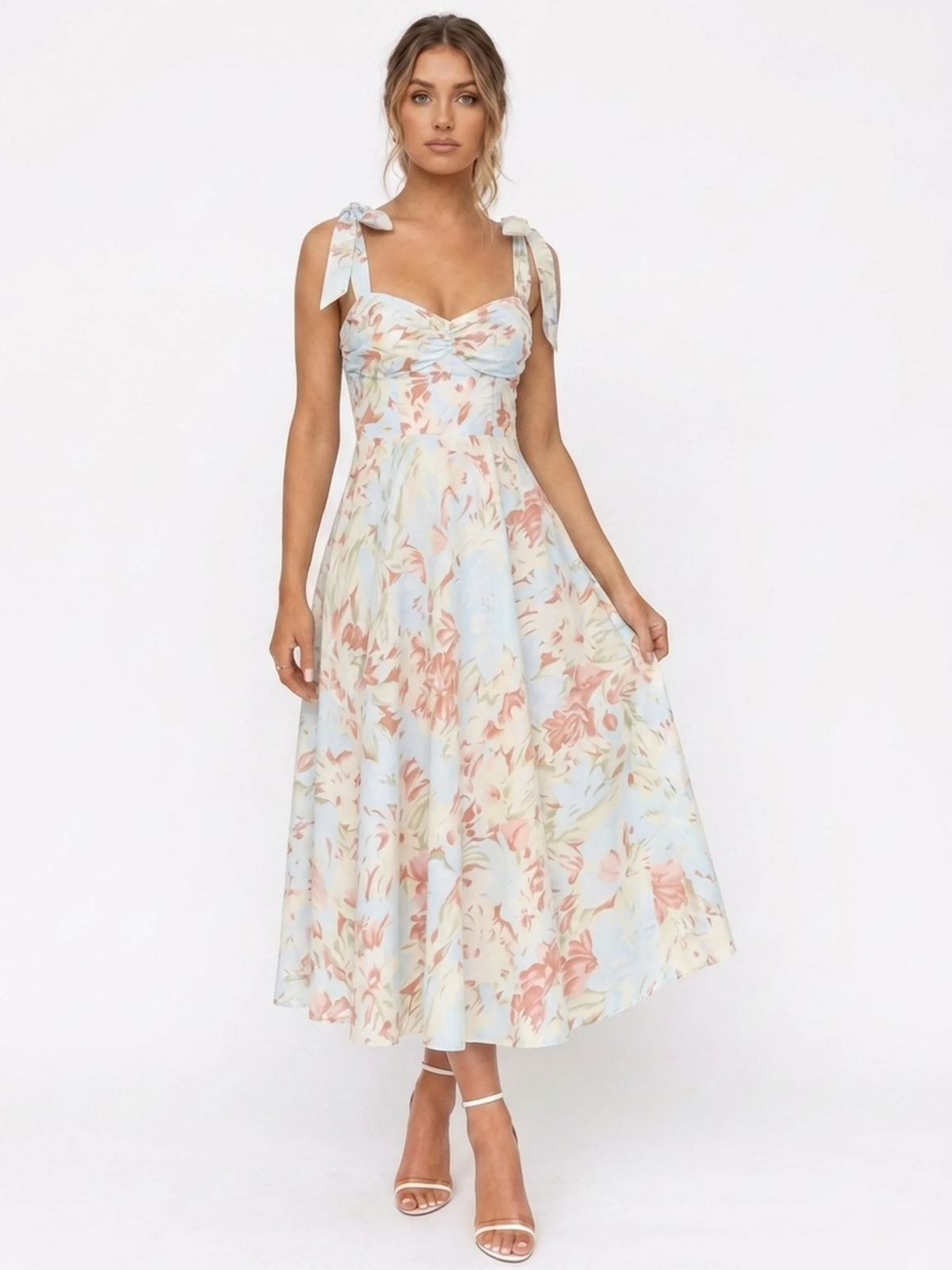 MARISETTE Women's Floral Tie-Strap Ruched Bodice Midi Dress