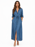 NAOMIE Women's Long Sleeve Denim Button-Front Midi Shirt Dress