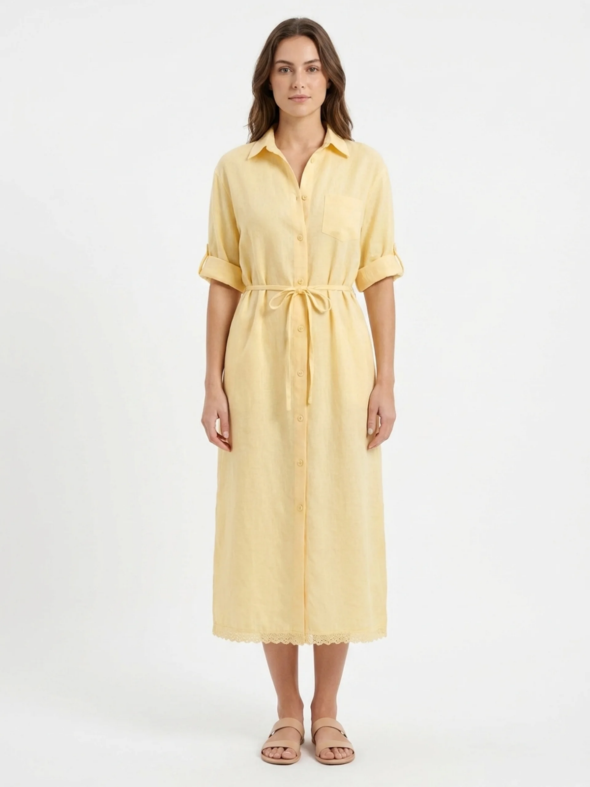 KARIS Women's Belted Lace-Hem Linen-Blend Midi Shirt Dress
