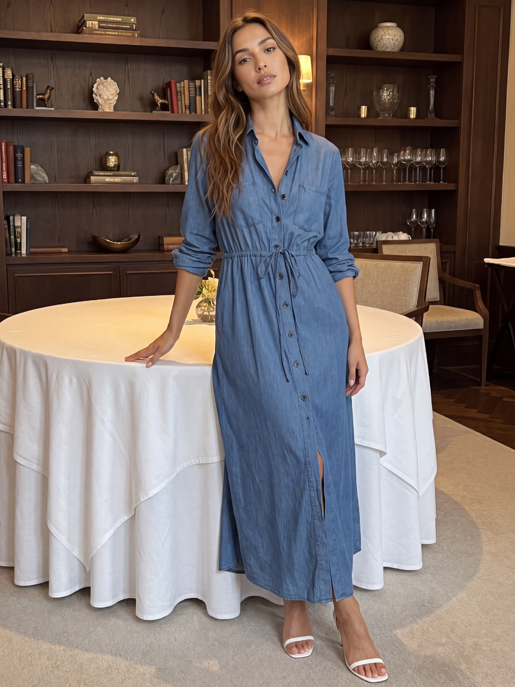 NAOMIE Women's Long Sleeve Denim Button-Front Midi Shirt Dress