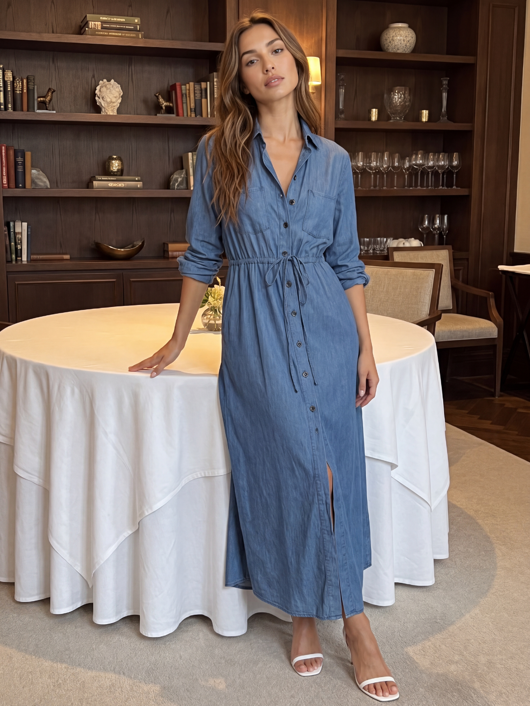 NAOMIE Women's Long Sleeve Denim Button-Front Midi Shirt Dress