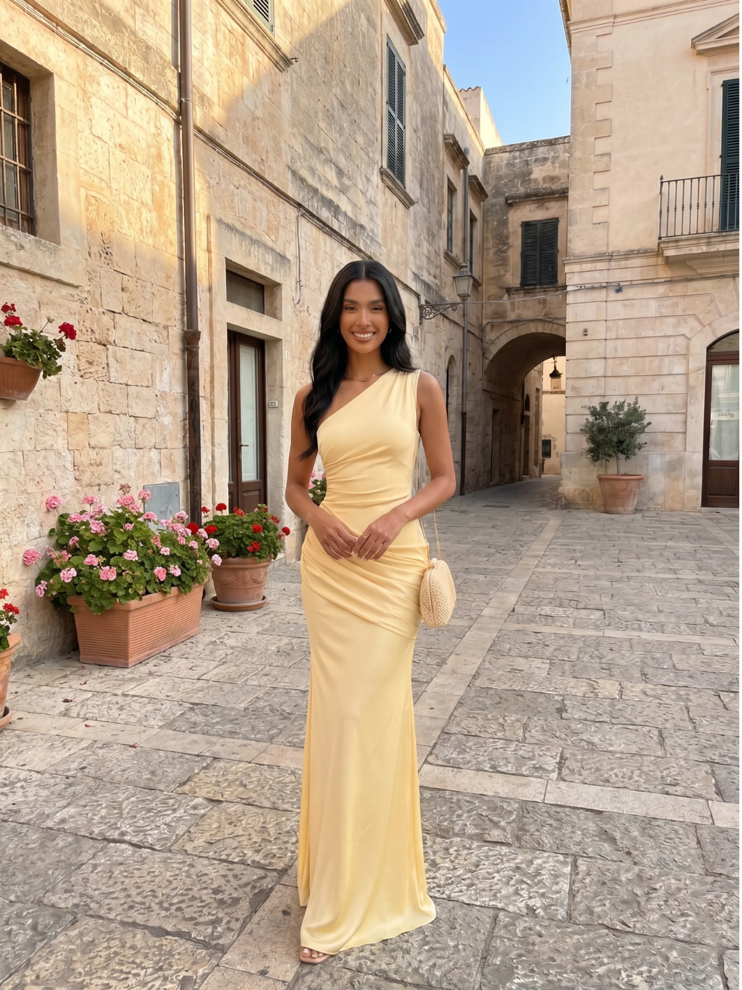 ELLOWEN Women's One-Shoulder Draped Satin Column Maxi Dress