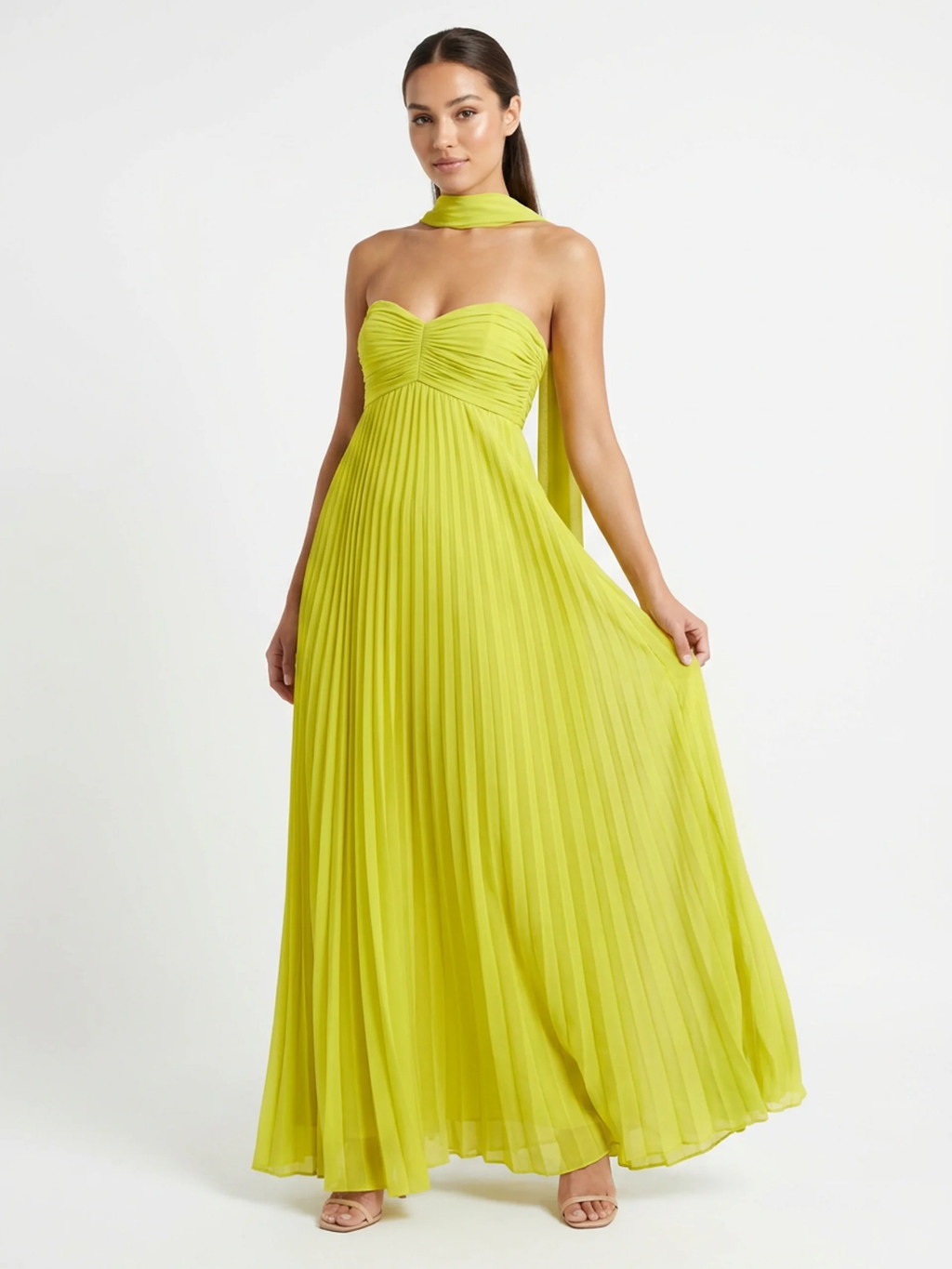 OLEANDER Women's Strapless Pleated Maxi Dress with Scarf Detail