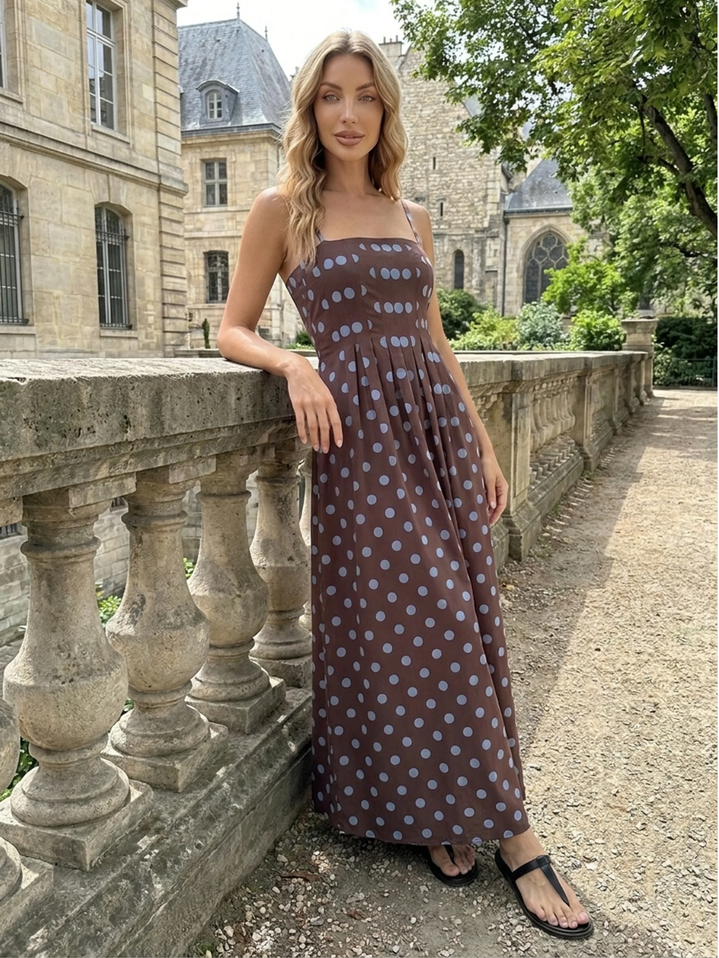 PHILIPPA Women's Polka Dot Pleated Spaghetti Strap Maxi Dress