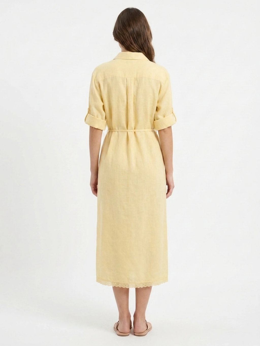 KARIS Women's Belted Lace-Hem Linen-Blend Midi Shirt Dress