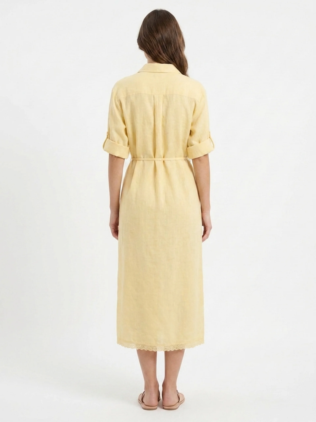 KARIS Women's Belted Lace-Hem Linen-Blend Midi Shirt Dress