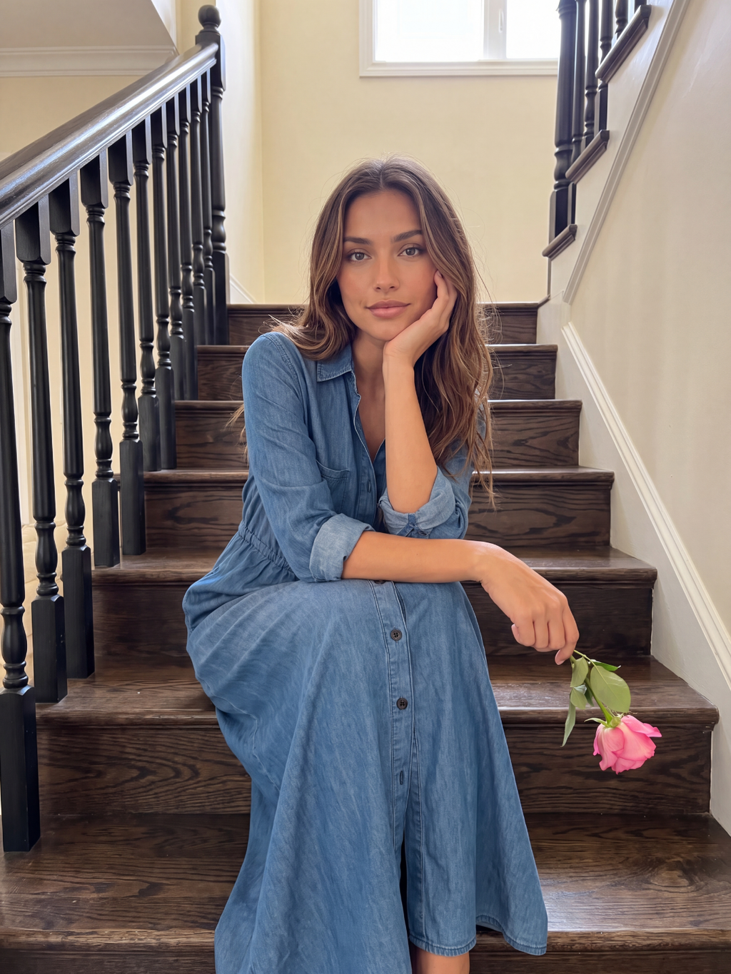 NAOMIE Women's Long Sleeve Denim Button-Front Midi Shirt Dress