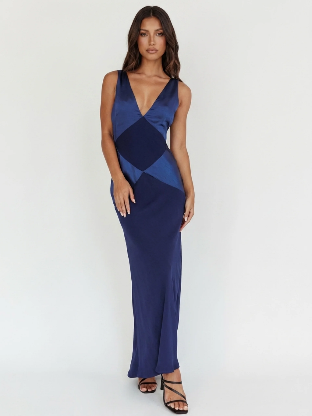 CORVINA Women's V-Neck Contrast Panel Satin Maxi Dress