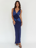 CORVINA Women's V-Neck Contrast Panel Satin Maxi Dress