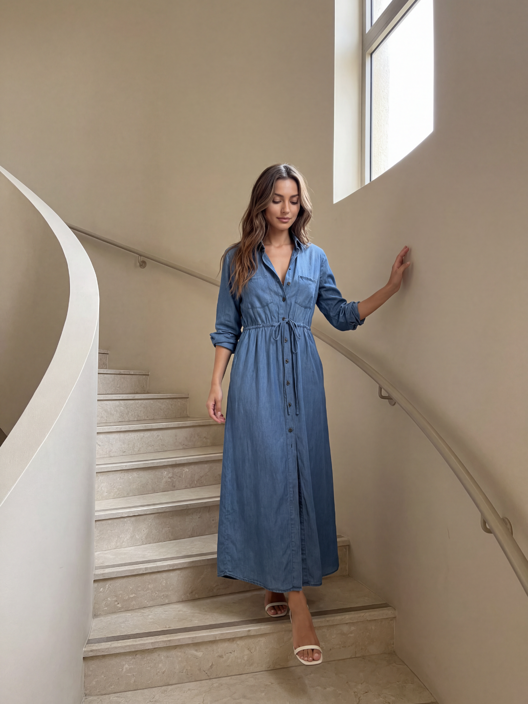 NAOMIE Women's Long Sleeve Denim Button-Front Midi Shirt Dress