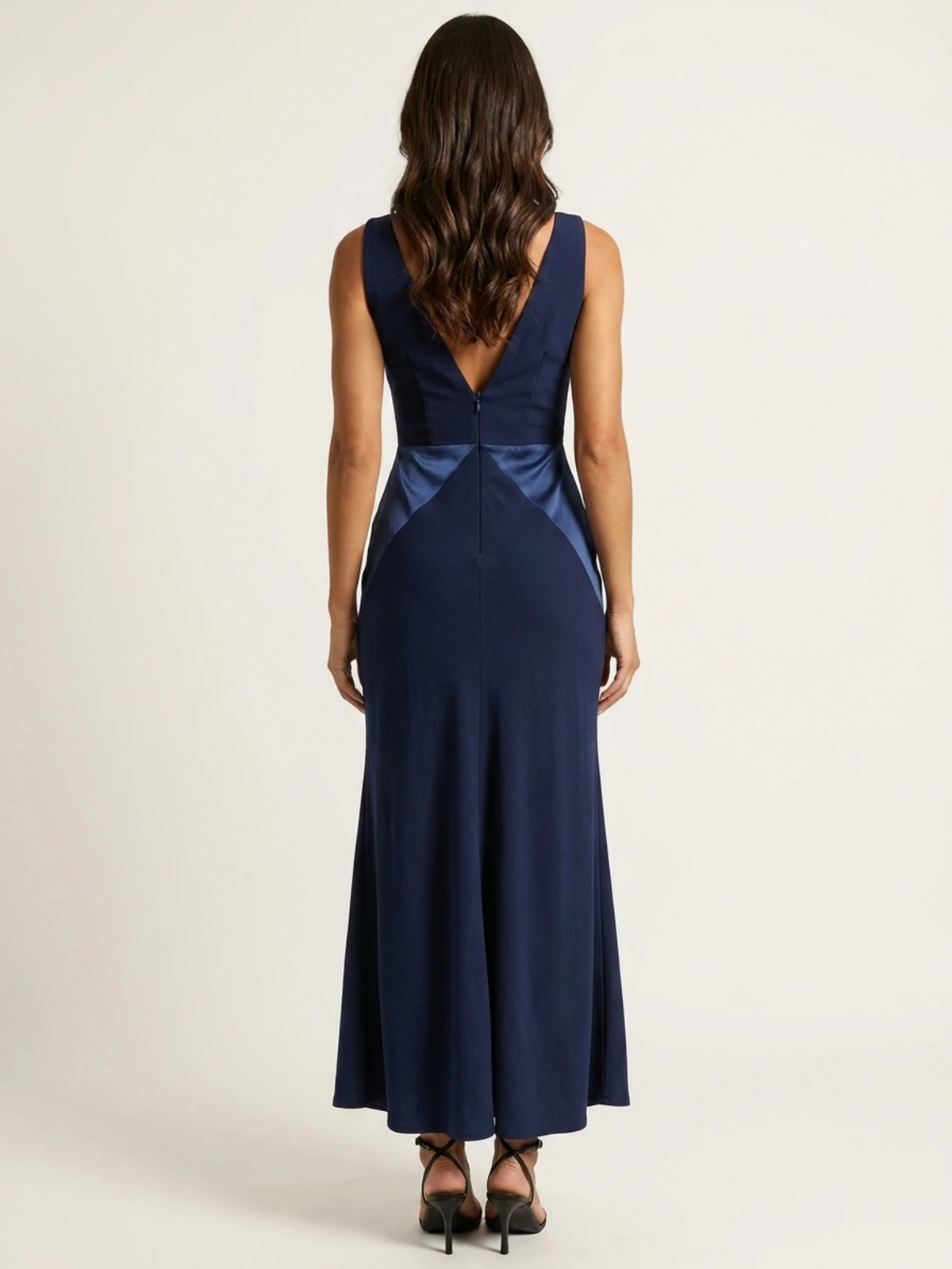 CORVINA Women's V-Neck Contrast Panel Satin Maxi Dress