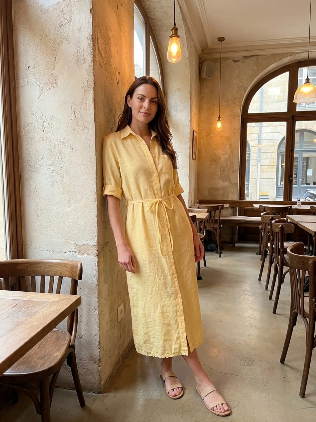 KARIS Women's Belted Lace-Hem Linen-Blend Midi Shirt Dress