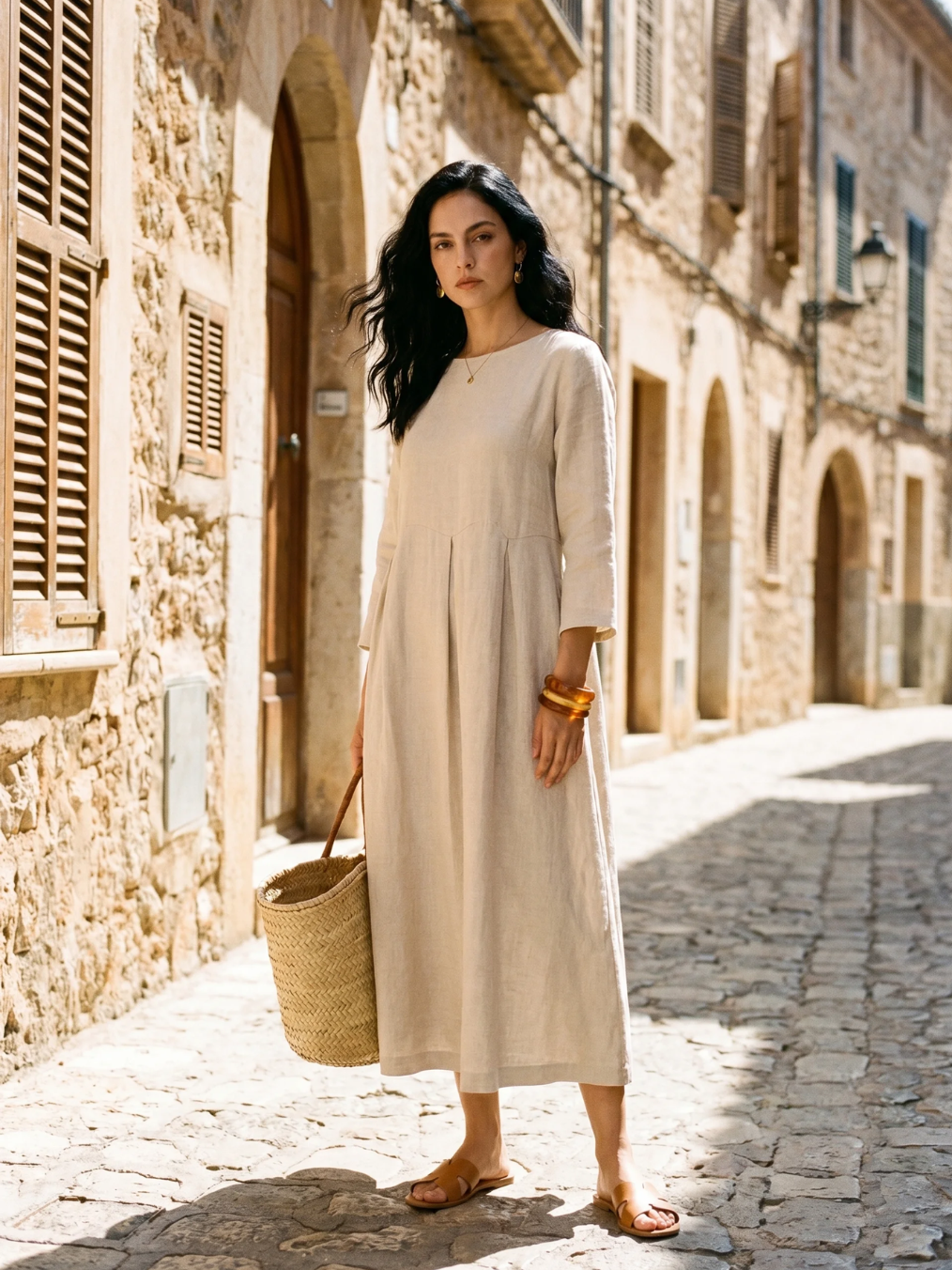 JESSAMYN Women's Long-Sleeve Linen Pleated Maxi Dress with Pockets
