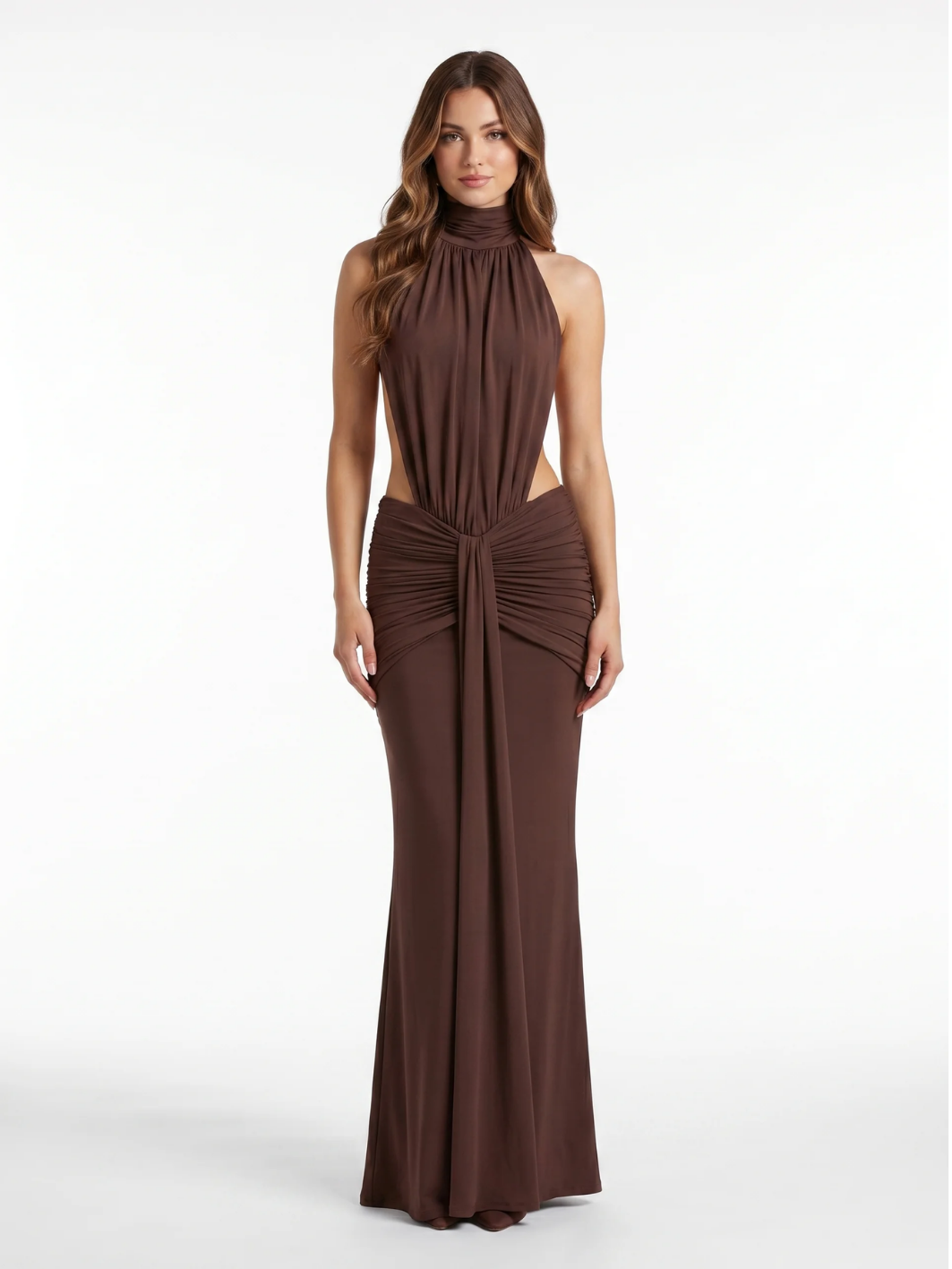 BELINDA Women's Halter Neck Side-Cutout Ruched Waist Maxi Dress