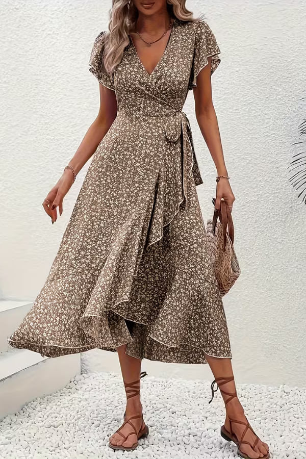 JORUNN Women's Short Sleeve Floral Print Wrap Maxi Dress