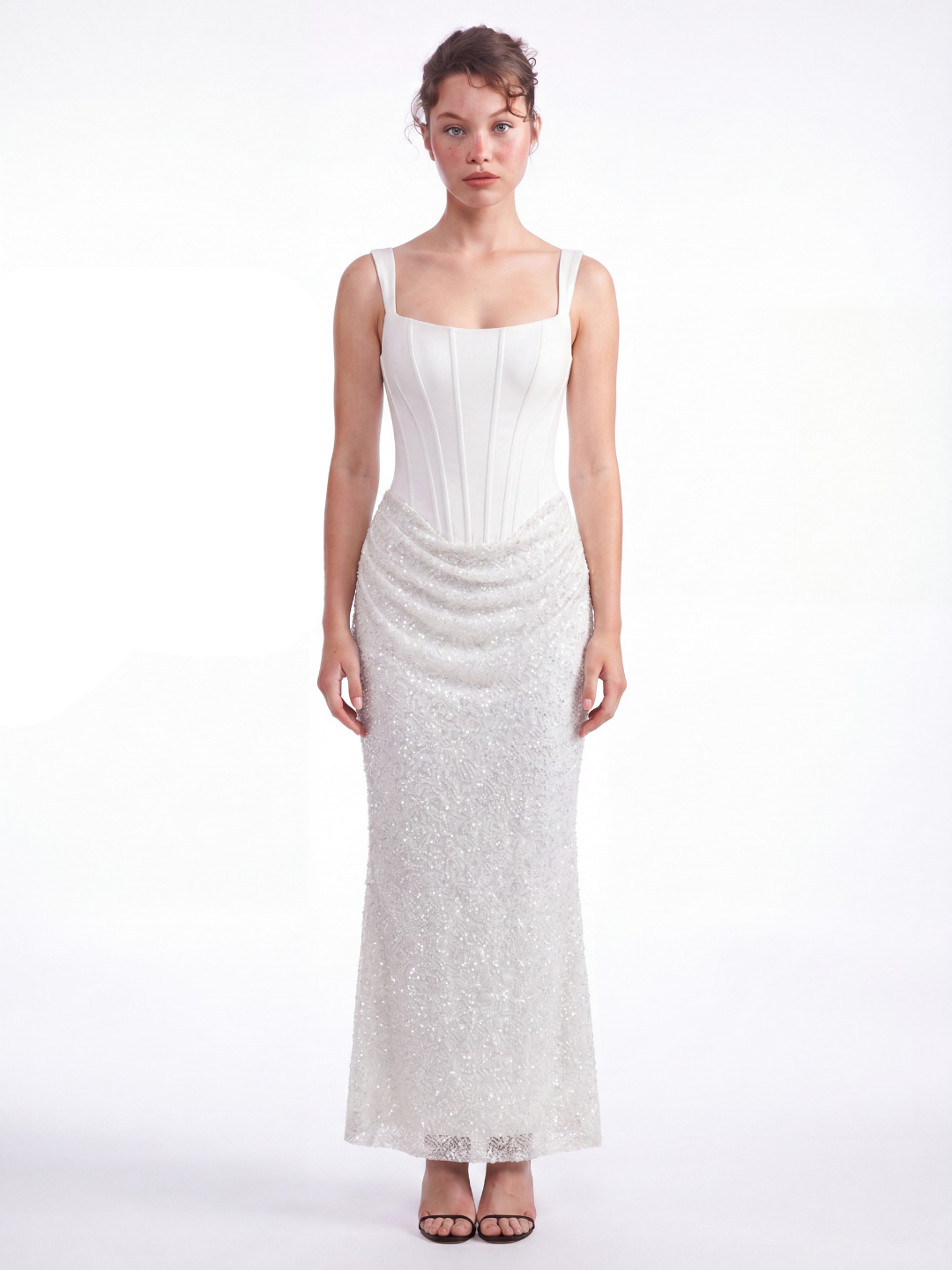 ETTAMAE Women's Corset Midi Dress with Embellished Skirt