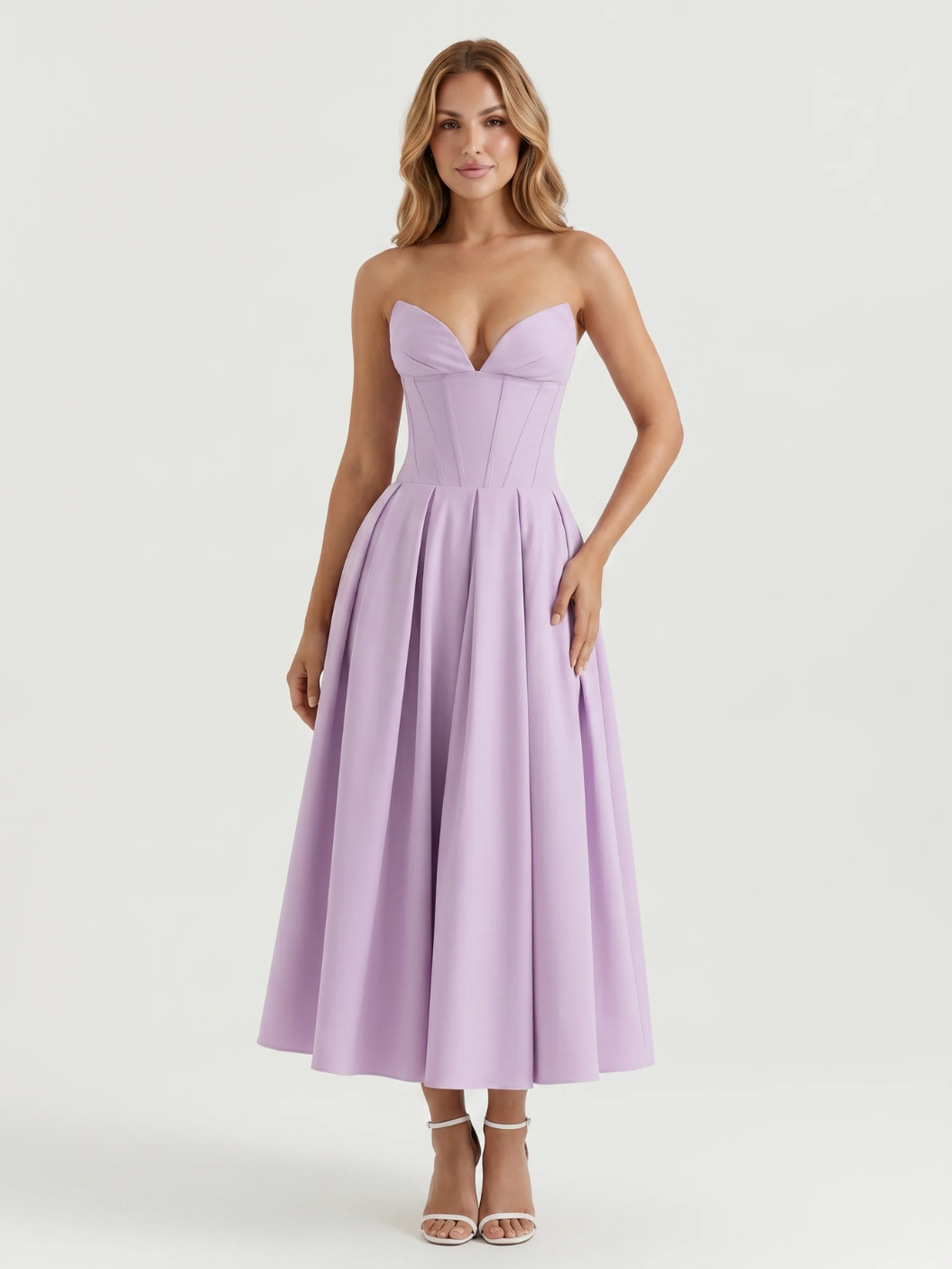 VIANNE Women's Strapless Sweetheart Midi Dress with Full Skirt