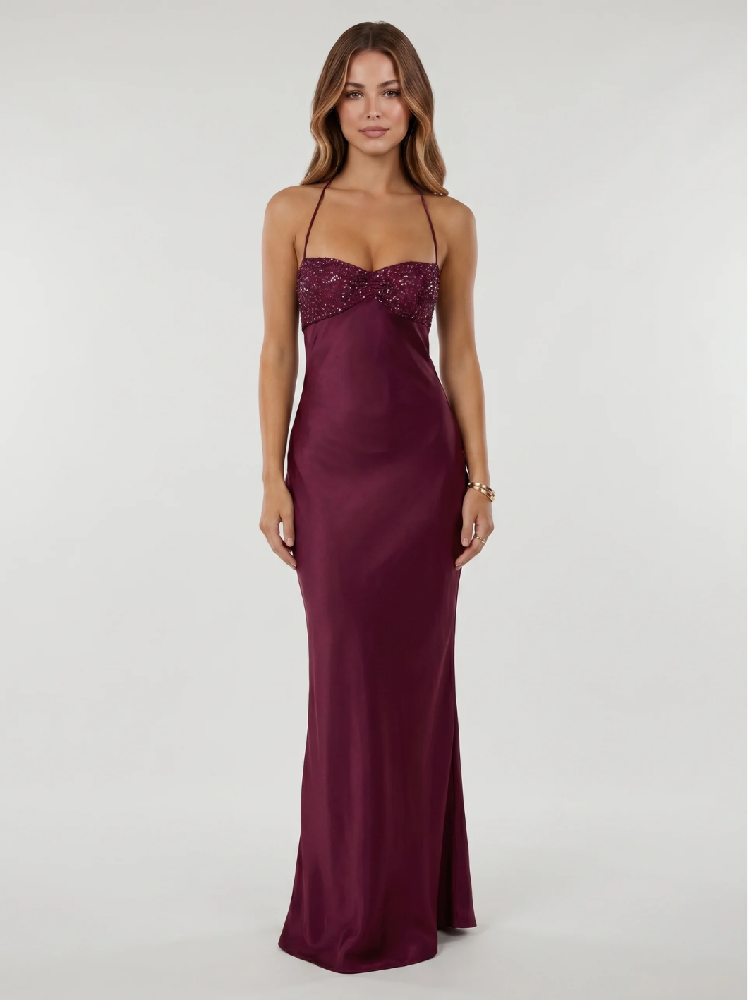 RIONNA Women's Sequin Sweetheart Lace-Up Back Satin Maxi Dress