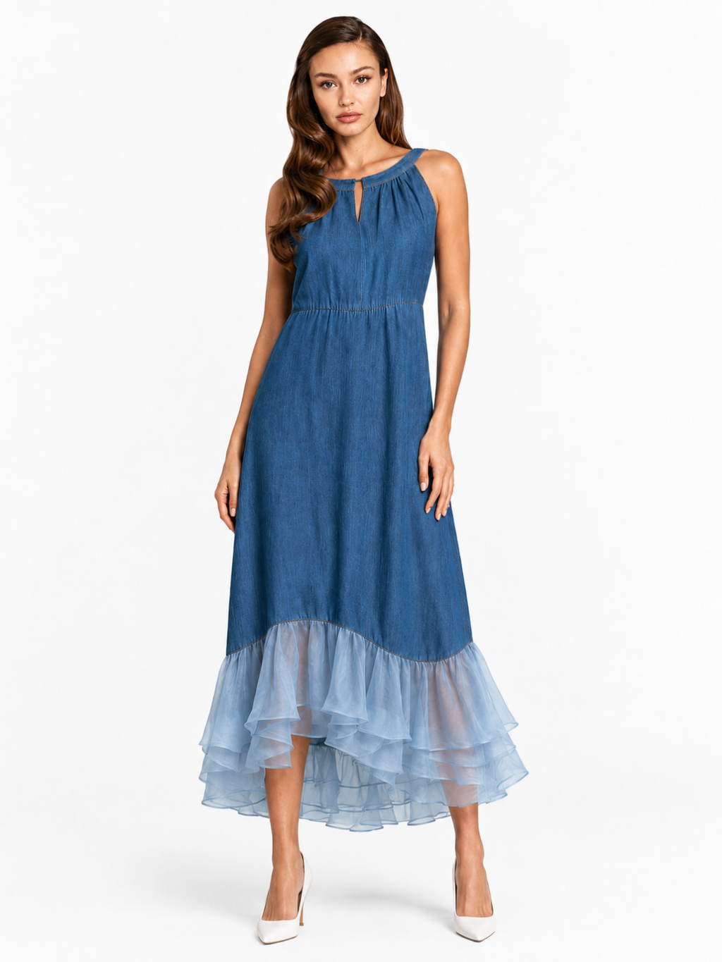 OCEANE Women's Sleeveless Denim and Tulle Midi Dress