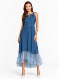 OCEANE Women's Sleeveless Denim and Tulle Midi Dress