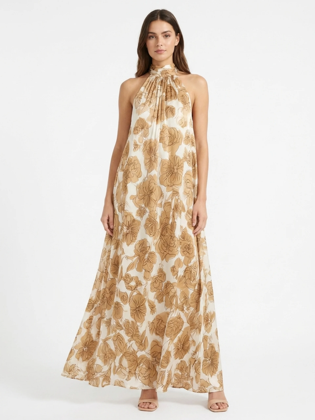 URSULINE Women's Floral Halter Neck Satin Maxi Dress