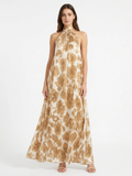 URSULINE Women's Floral Halter Neck Satin Maxi Dress