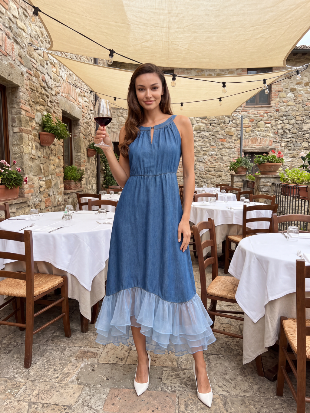OCEANE Women's Sleeveless Denim and Tulle Midi Dress