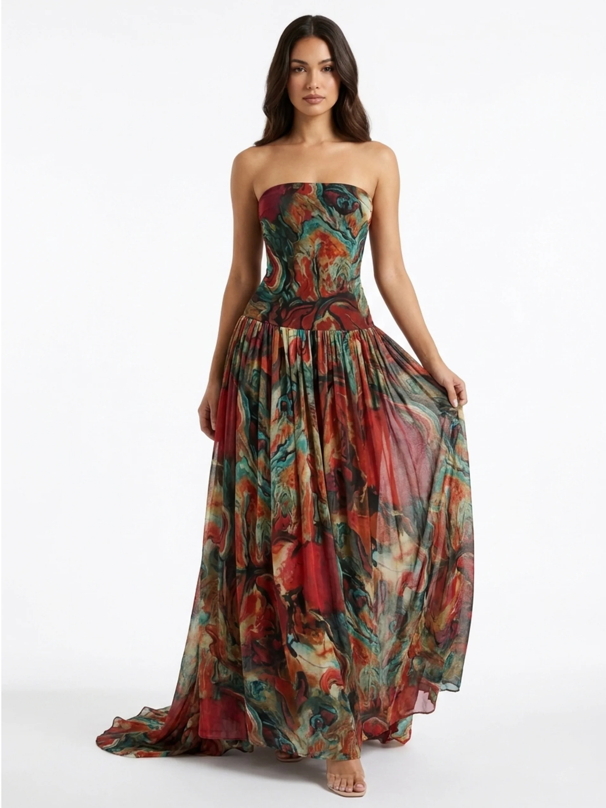 ELSPETH Women's Strapless Drop-Waist Maxi Dress with Abstract Print