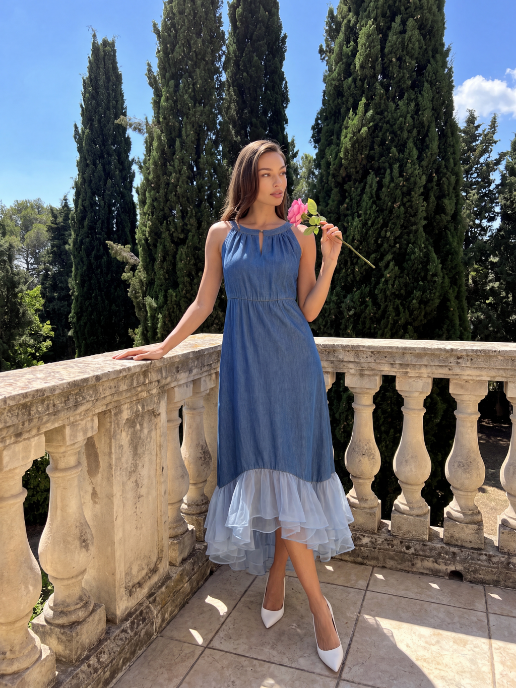 OCEANE Women's Sleeveless Denim and Tulle Midi Dress