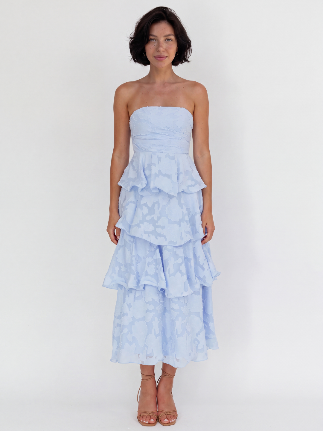 CORENTINE Women's Strapless Tiered Midi Dress with Floral Embossed Texture