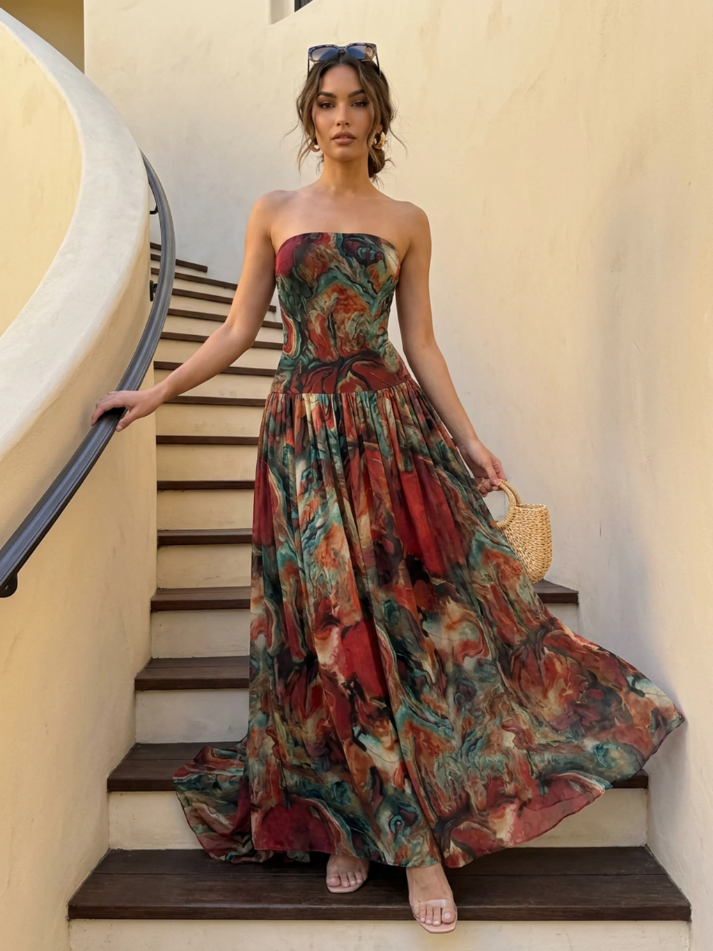 ELSPETH Women's Strapless Drop-Waist Maxi Dress with Abstract Print