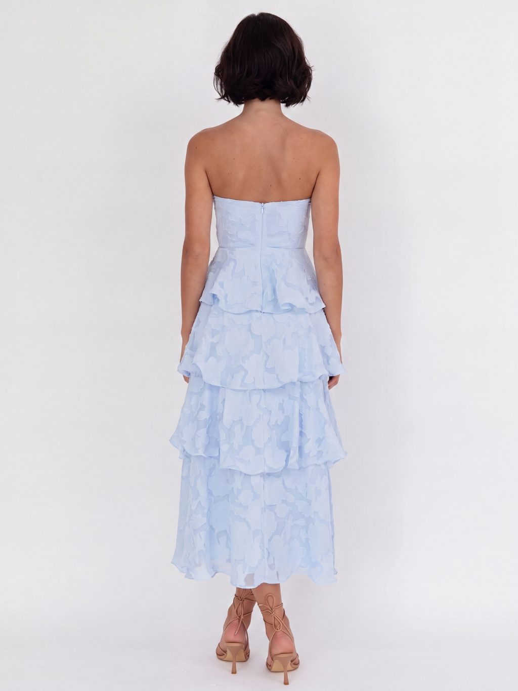 CORENTINE Women's Strapless Tiered Midi Dress with Floral Embossed Texture