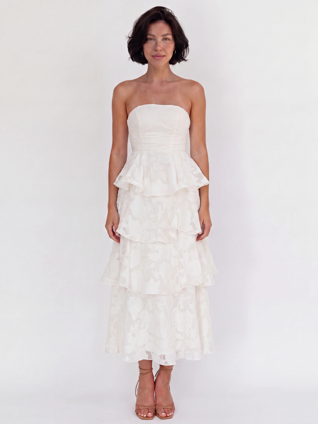 CORENTINE Women's Strapless Tiered Midi Dress with Floral Embossed Texture