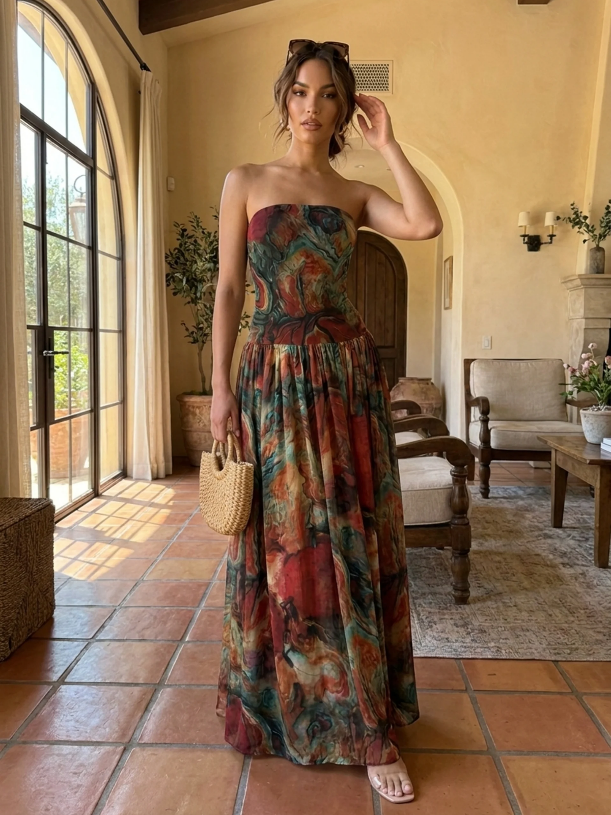 ELSPETH Women's Strapless Drop-Waist Maxi Dress with Abstract Print